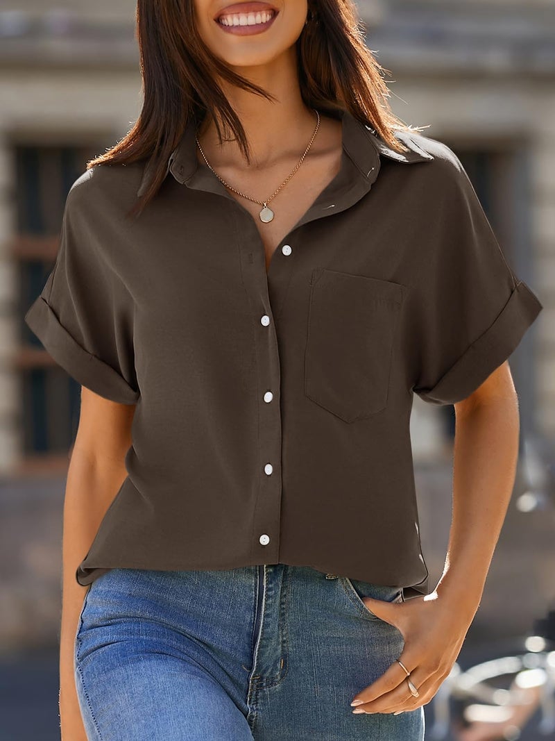 Beautife Womens Short Sleeve Shirts V Neck Collared Button Down Shirt Tops with Pockets (Small, Coffee) - Image 3